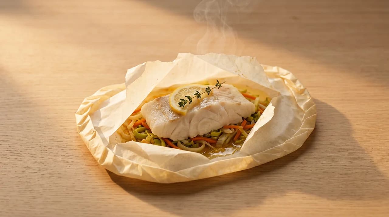 Papillote de papier cuisson ouverte sur un filet de poisson blanc nacré, julienne de poireau, carotte et fenouil, citron et thym, sur bois clair.