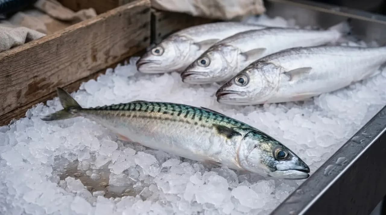 Étal de poissonnier sur glace pilée : un maquereau au dos bleu-vert, et derrière lui trois poissons ronds à la robe argentée.