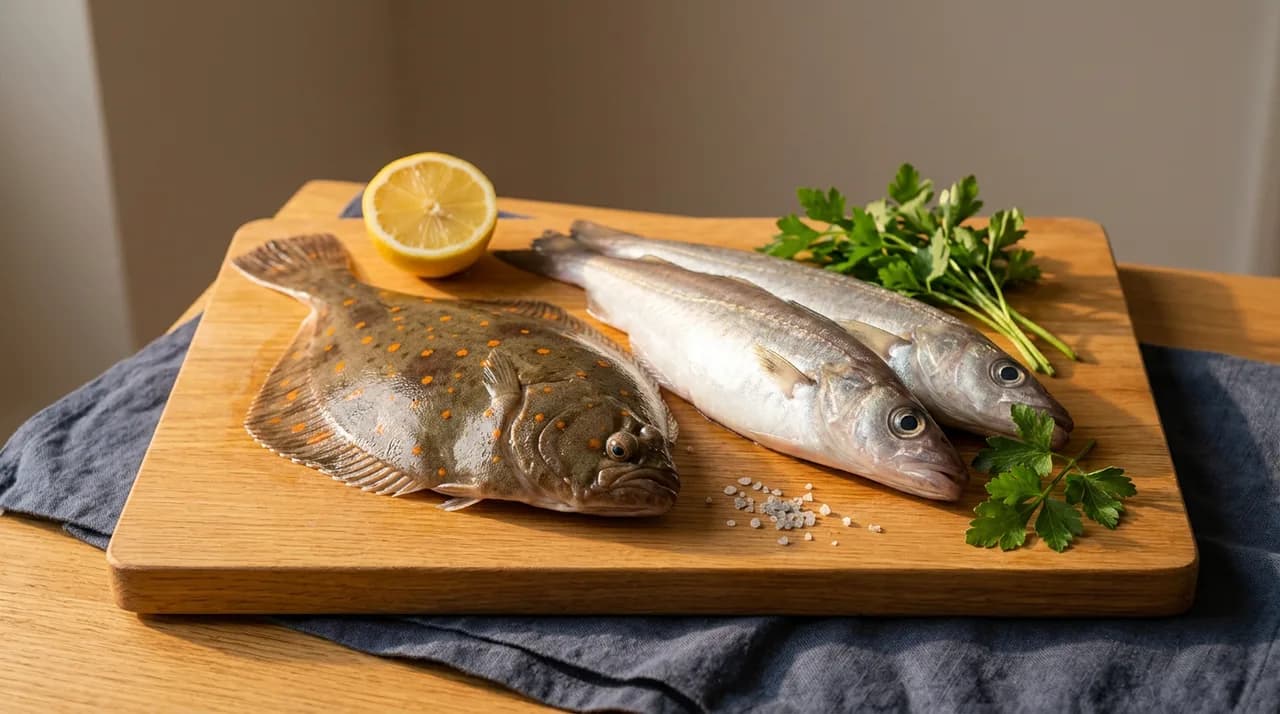 Une plie et deux merlans crus entiers sur une planche en bois, avec un demi-citron, du persil plat, du gros sel et un torchon de lin bleu.
