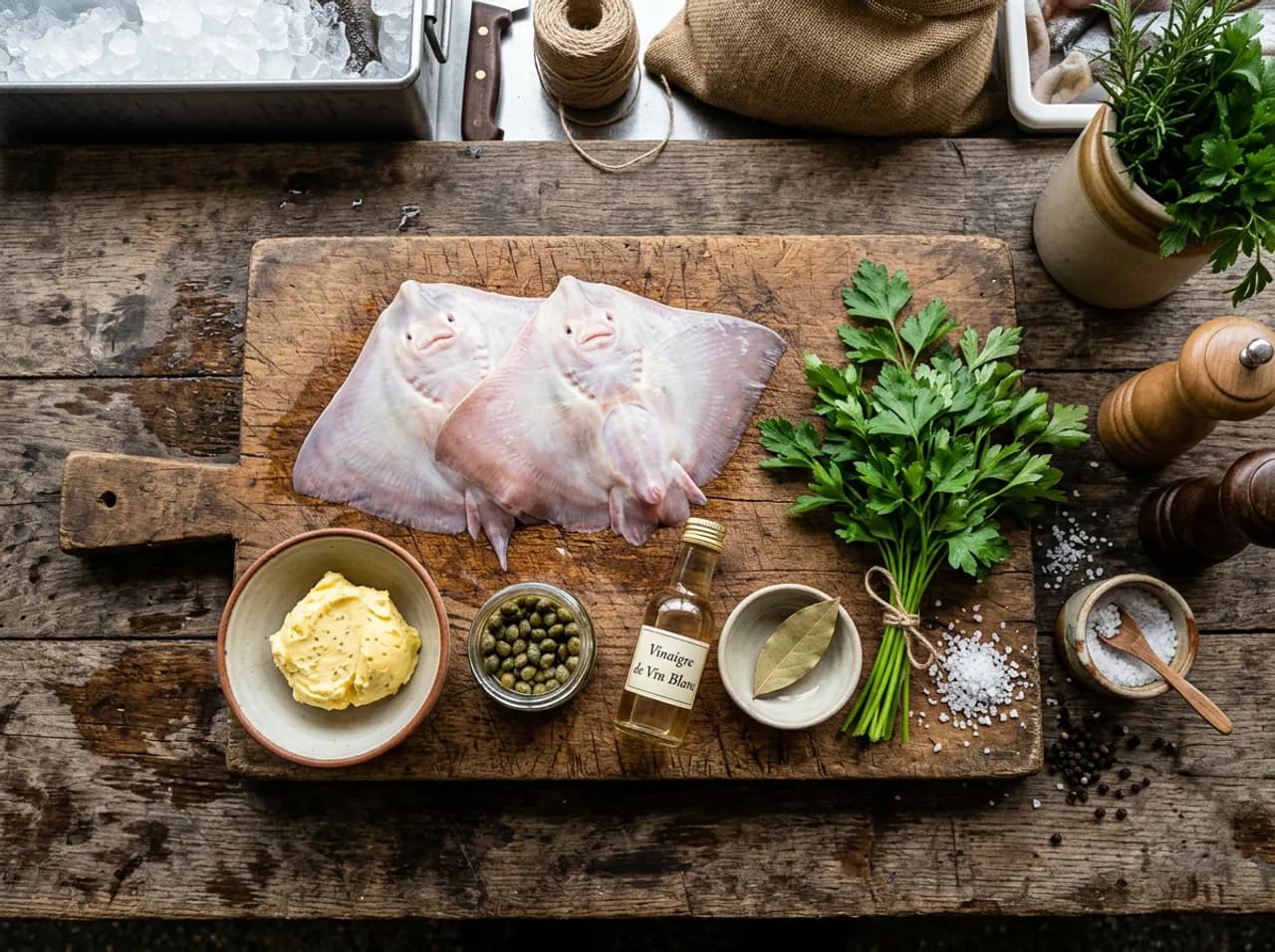 Ingrédients de l'aile de raie aux câpres sur planche en bois : ailes de raie, beurre demi-sel, câpres, vinaigre et persil