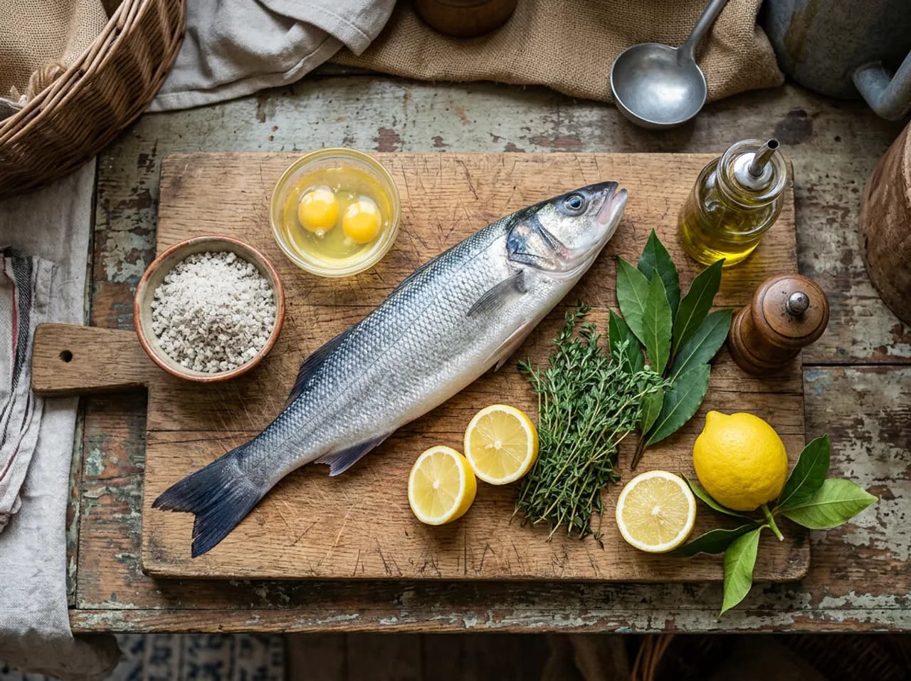 Ingrédients du bar en croûte de sel sur planche en bois : bar entier, gros sel de Guérande, blancs d'œufs, thym et citron