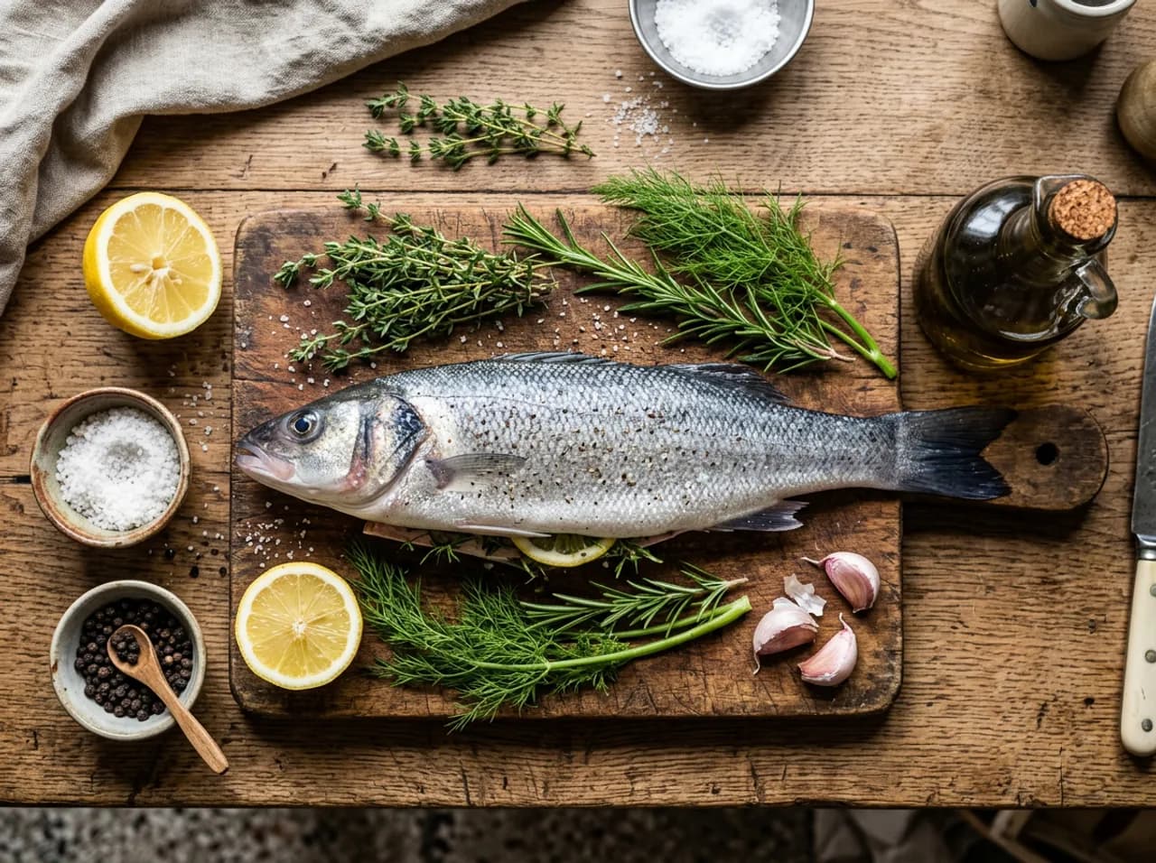 Ingrédients du bar grillé sur planche en bois : bar entier, thym, romarin, fenouil, citron et huile d'olive