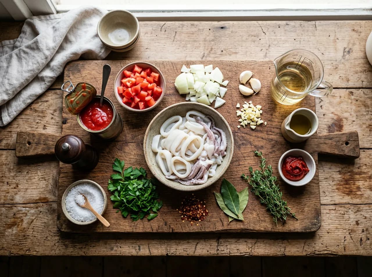 Ingrédients de la seiche à la sétoise sur planche en bois : blancs de seiche, tomates, ail, oignon, vin blanc et herbes
