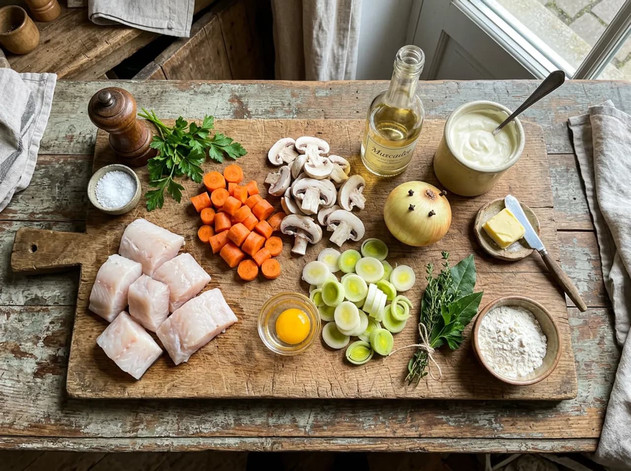 Ingrédients de la blanquette de saumonette sur planche en bois : tronçons de saumonette, carottes, champignons, poireau, crème et muscadet