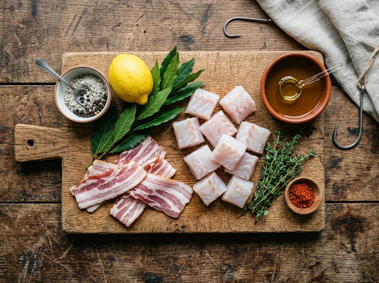 Ingrédients des brochettes de lotte sur planche en bois : cubes de lotte, tranches de lard fumé, citron, laurier et huile d'olive
