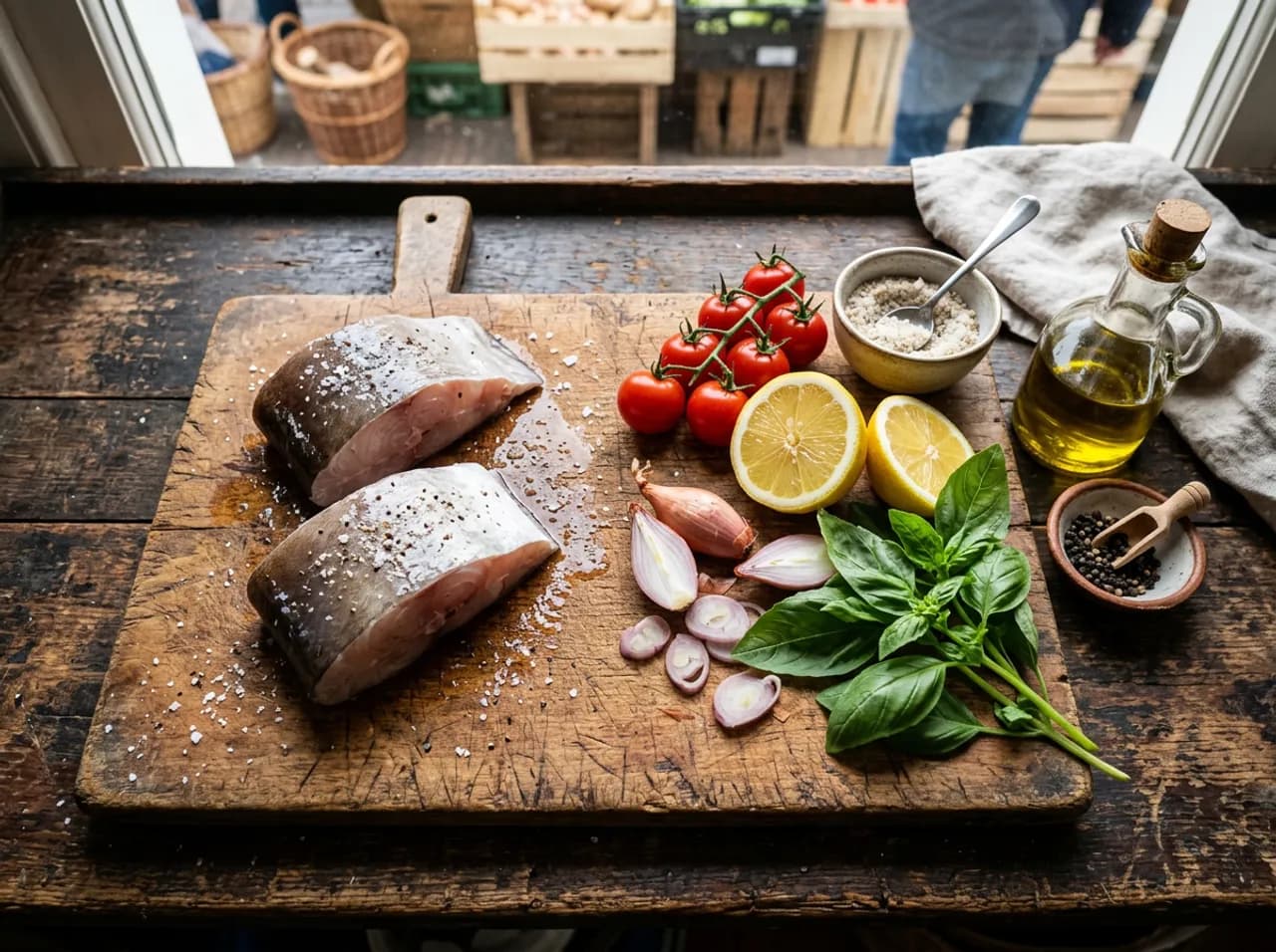 Ingrédients du congre grillé sur planche en bois : darnes de congre fraîches, tomates, basilic, citron, échalote et huile d'olive