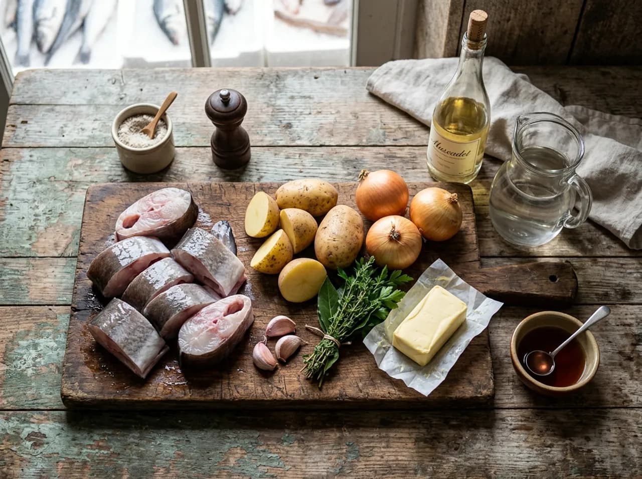 Ingrédients de la cotriade de congre sur planche en bois : darnes de congre fraîches, pommes de terre, oignons, thym, laurier et beurre demi-sel