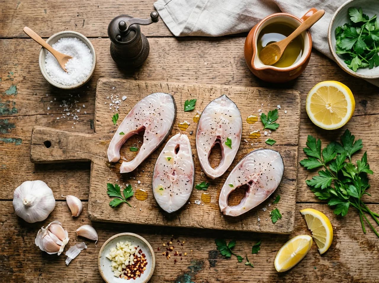 Ingrédients des darnes de merlu à la plancha sur planche en bois : darnes de merlu fraîches, huile d'olive, citron, ail et fleur de sel