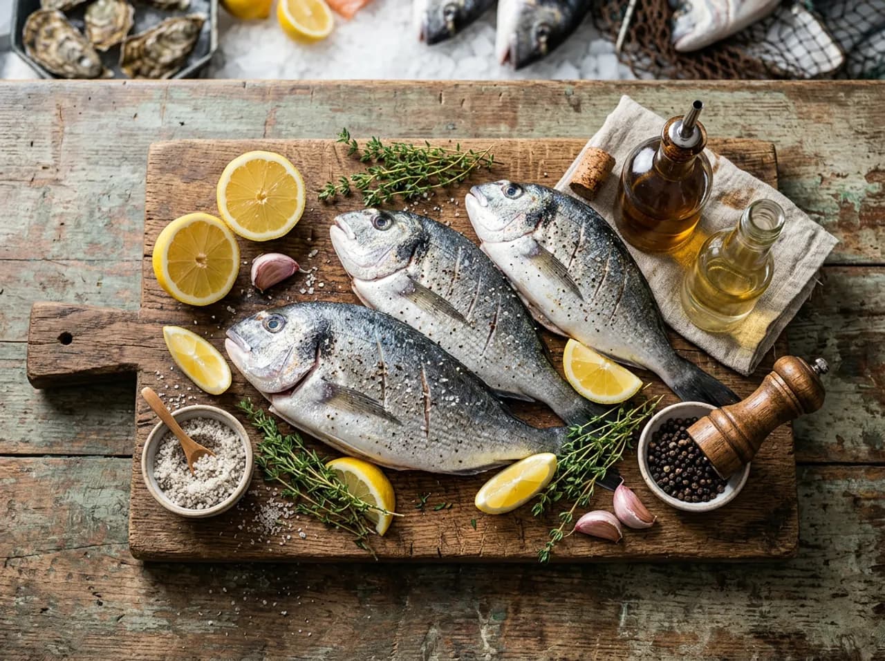 Ingrédients de la daurade au four sur planche en bois : daurade fraîche, citrons, thym frais, ail, huile d'olive et sel de Guérande