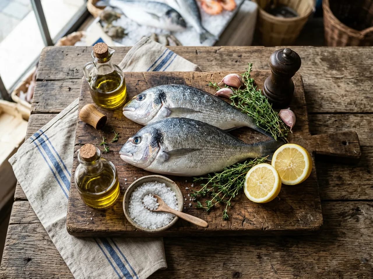 Ingrédients de la daurade grillée sur planche en bois : daurade fraîche, gros sel de Guérande, huile d'olive, citron et thym