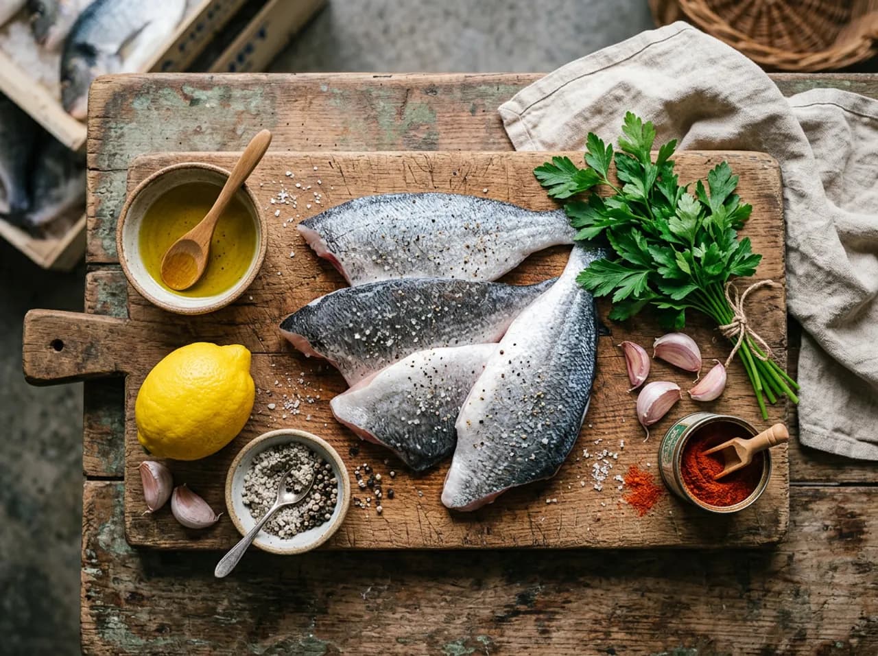 Ingrédients de la daurade à la plancha sur planche en bois : filets de daurade royale, citron, ail, huile d'olive et herbes