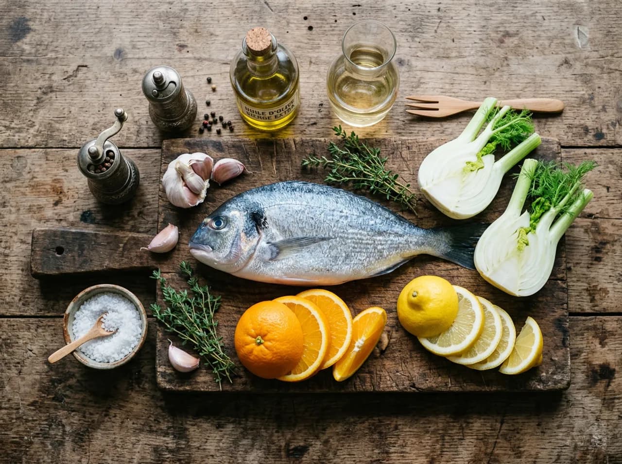 Ingrédients de la daurade royale au four sur planche en bois : daurade fraîche, bulbes de fenouil, orange, citron et huile d'olive