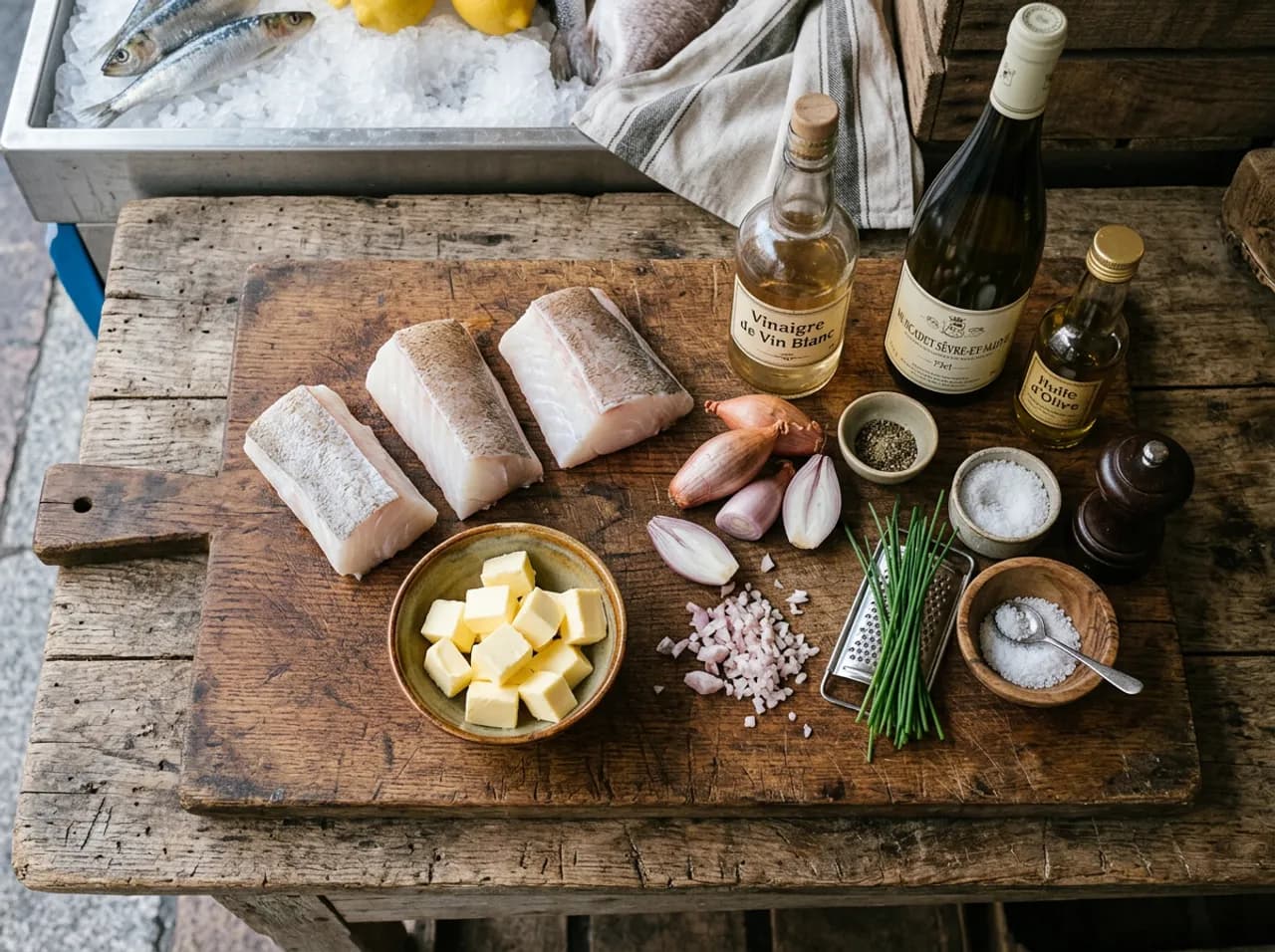 Ingrédients du dos de lieu jaune au beurre blanc sur planche en bois : dos de lieu jaune, beurre demi-sel, échalotes, Muscadet et vinaigre