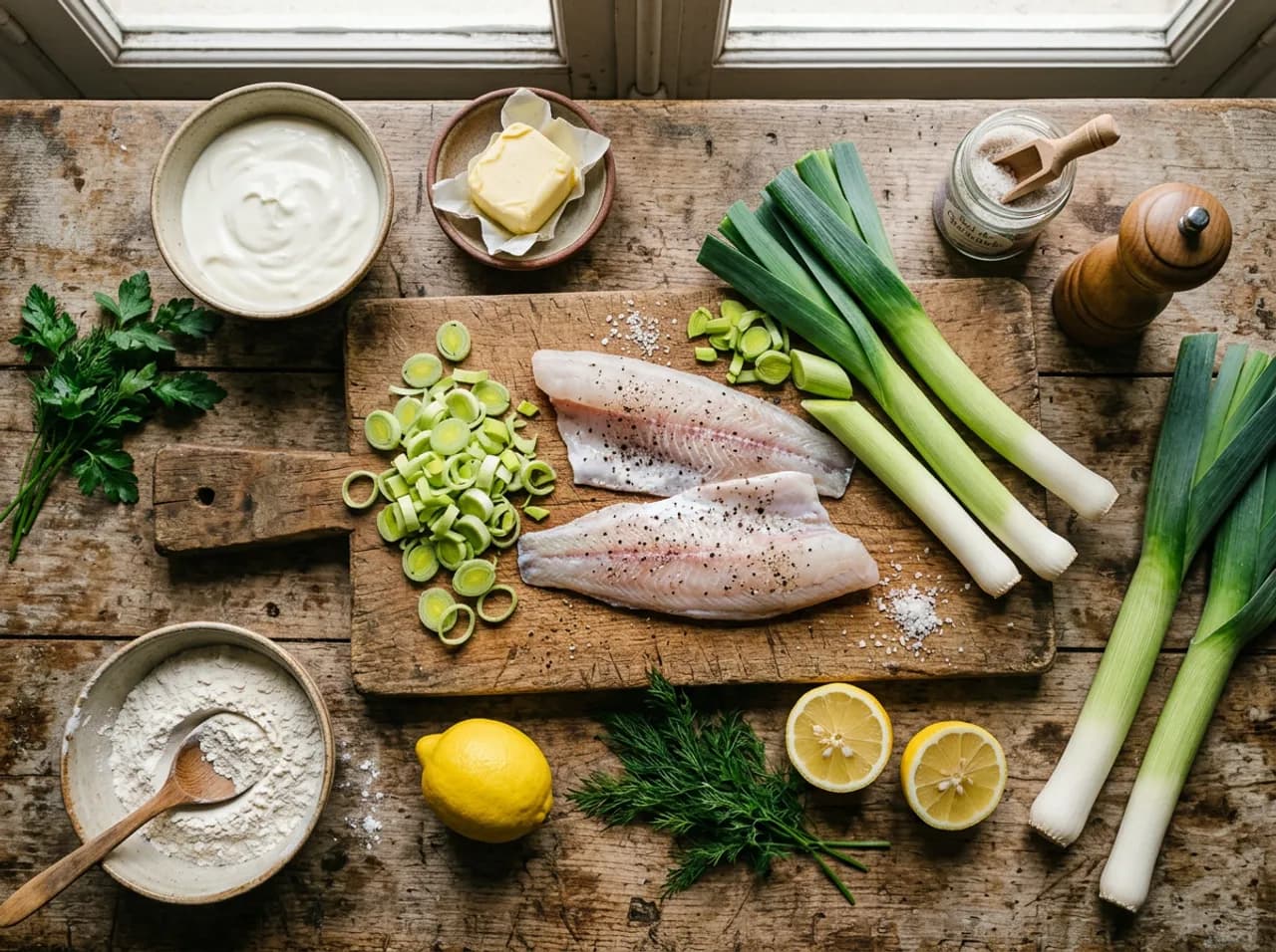 Ingrédients des filets de merlan aux poireaux sur planche en bois : filets de merlan, poireaux, crème, beurre demi-sel et citron