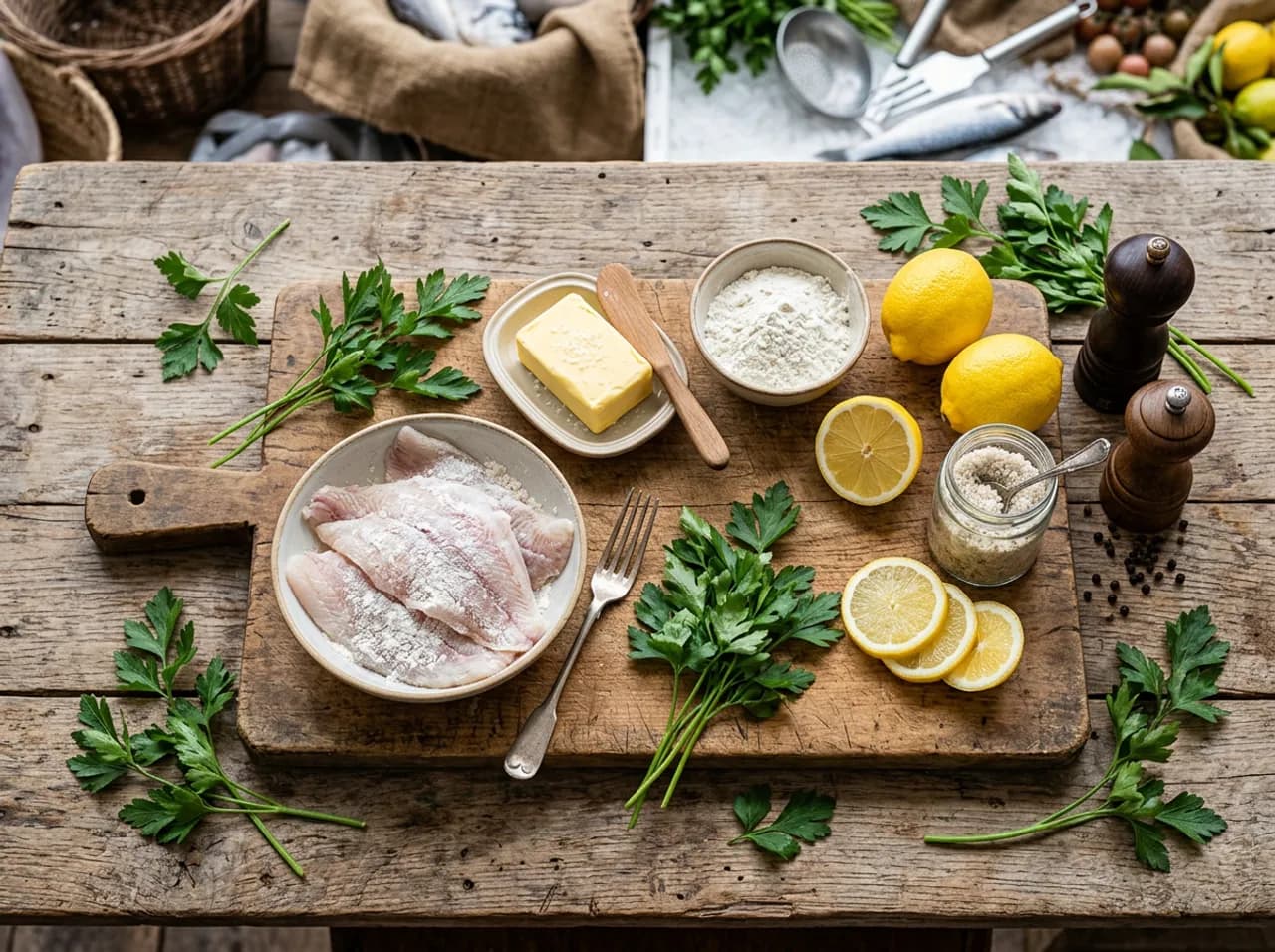 Ingrédients des filets de plie poêlés sur planche en bois : filets de plie frais, beurre demi-sel, farine, citron et persil