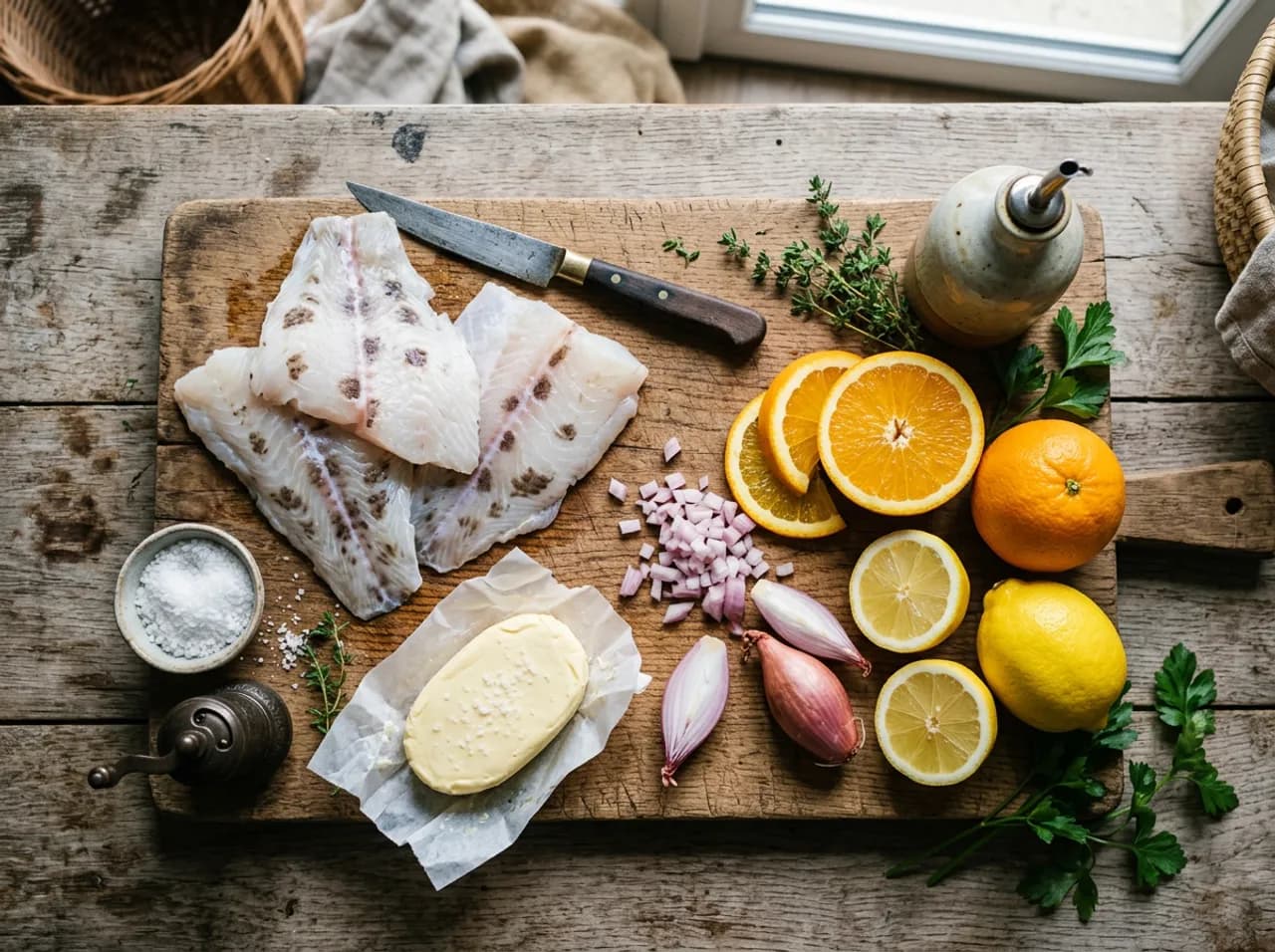 Ingrédients des filets de saint-pierre aux agrumes sur planche en bois : filets de saint-pierre, orange, citron, beurre demi-sel et échalote