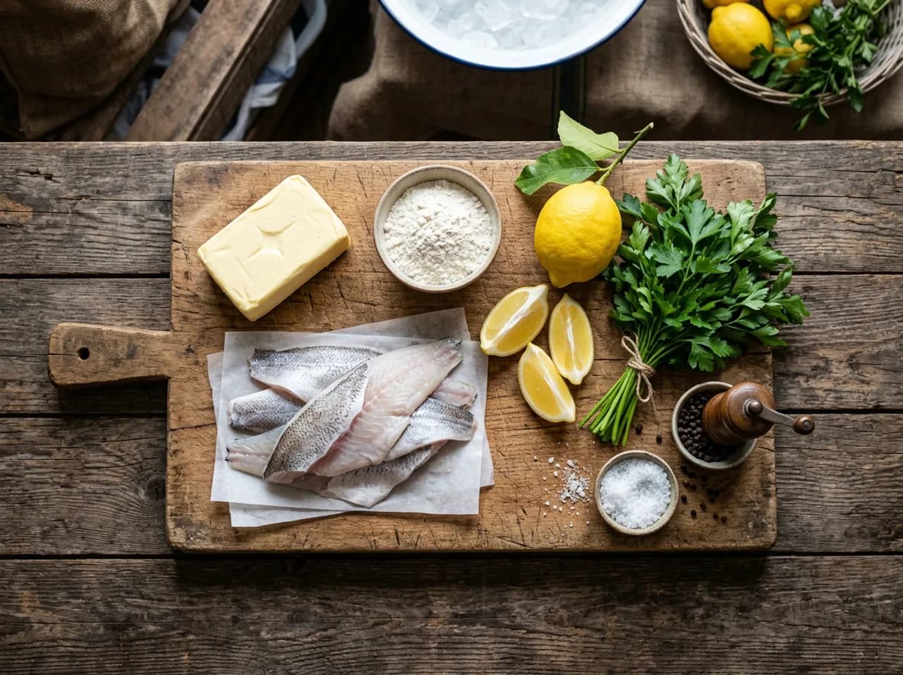 Ingrédients des filets de tacaud meunière sur planche en bois : filets de tacaud frais, beurre demi-sel, farine, citron et persil