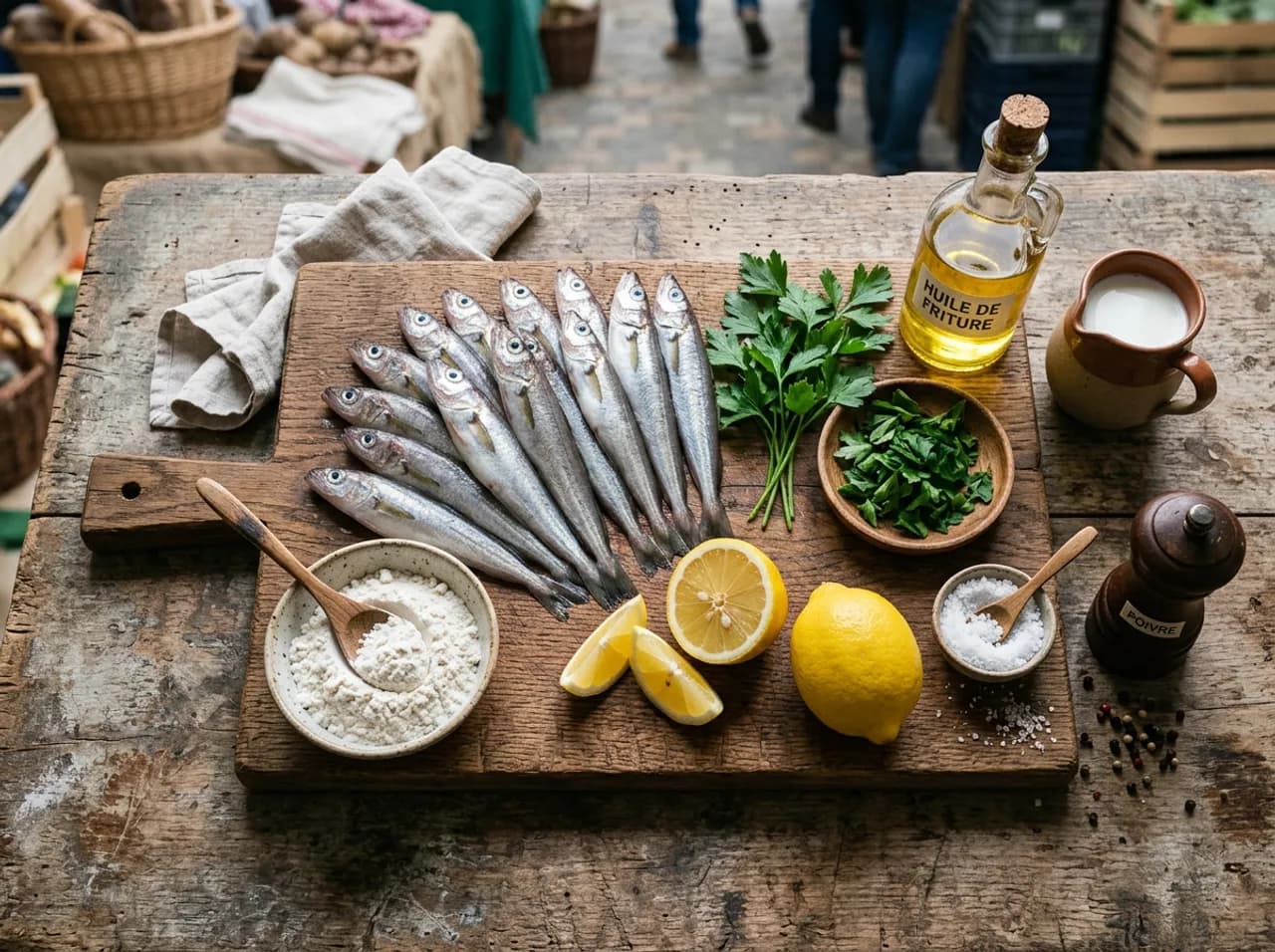 Ingrédients de la friture de merlans sur planche en bois : petits merlans frais, farine, citron, persil et sel de Guérande