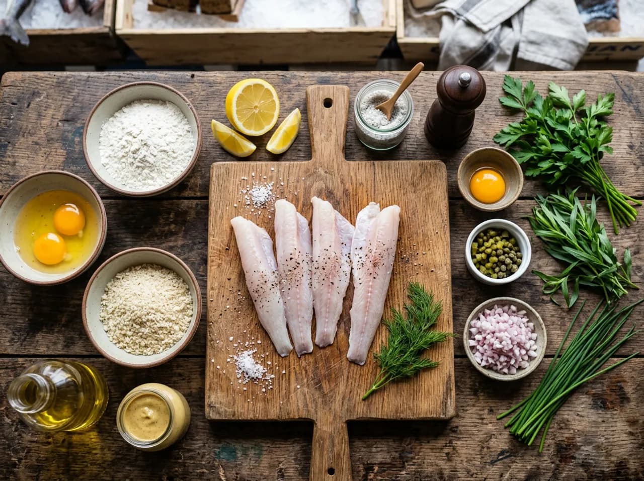 Ingrédients des goujonnettes de merlan sur planche en bois : filets de merlan, chapelure, oeufs, farine, cornichons, câpres et herbes fraîches