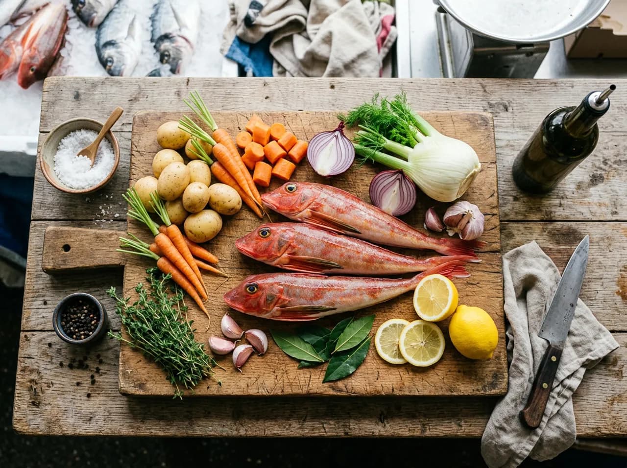Ingrédients du grondin rôti sur planche en bois : grondins rouges entiers, pommes de terre, carottes, fenouil, citron et thym