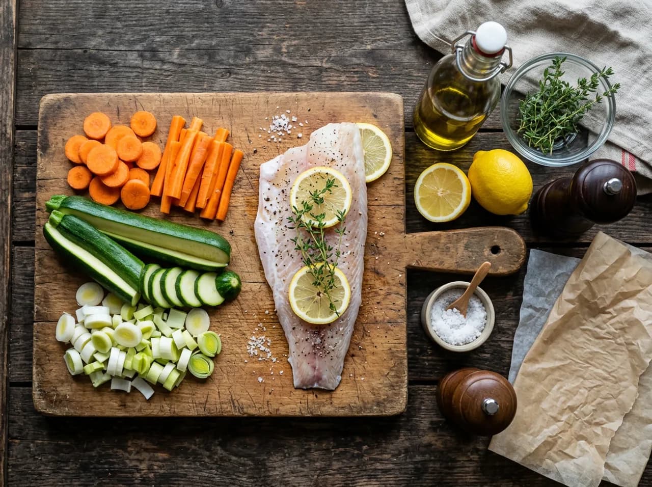 Ingrédients du lieu jaune en papillote sur planche en bois : dos de lieu jaune, carottes, courgette, poireau, citron et thym