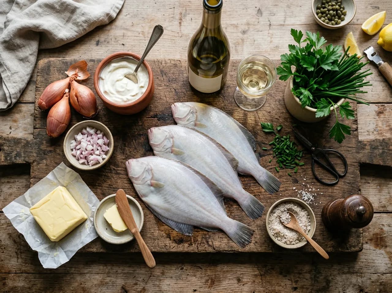 Ingrédients de la limande au four sur planche en bois : limandes fraîches, échalotes, crème, Muscadet et beurre demi-sel