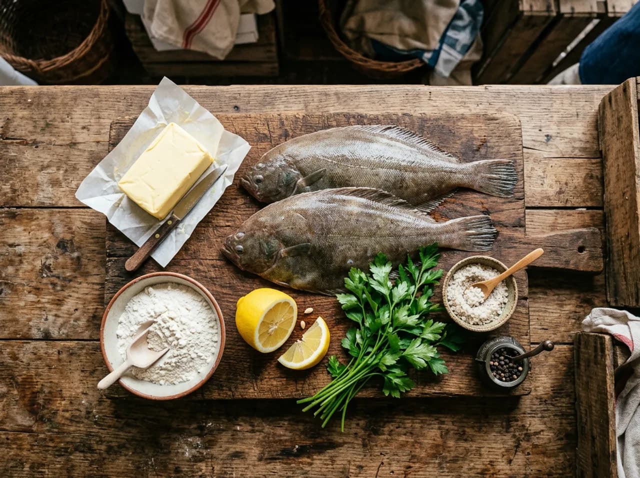 Ingrédients de la limande meunière sur planche en bois : limandes fraîches, beurre demi-sel, farine, citron et persil