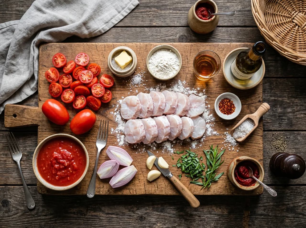 Ingrédients de la lotte à l'armoricaine sur planche en bois : queue de lotte, tomates, échalotes, cognac, vin blanc et concentré de tomate