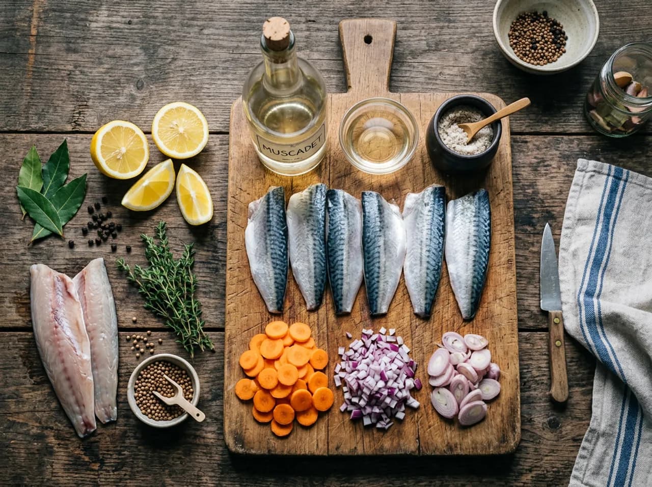 Ingrédients des maquereaux au muscadet sur planche en bois : maquereaux frais, muscadet, carottes, oignons, citron et aromates