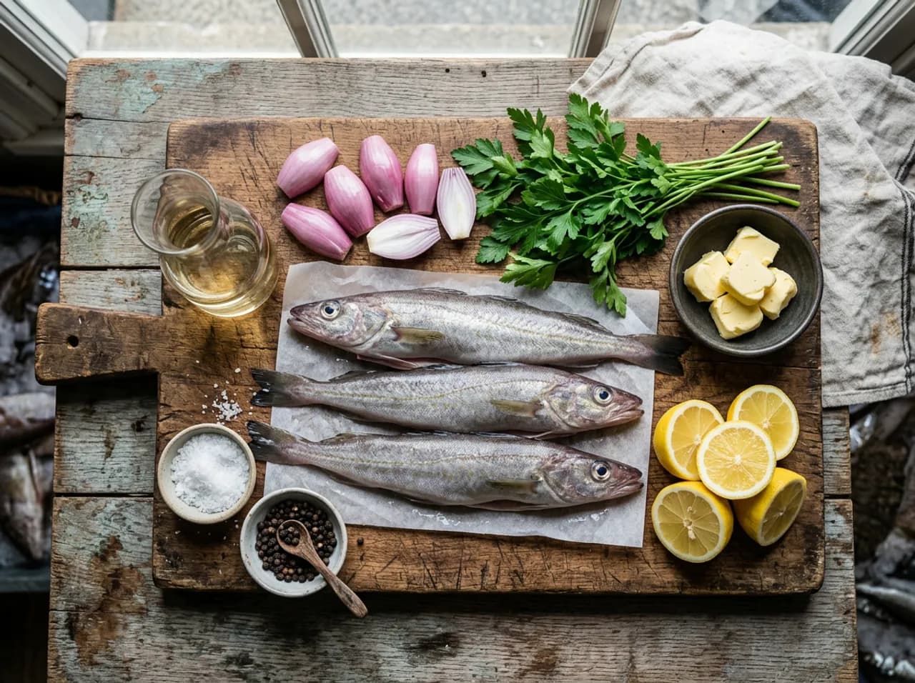 Ingrédients du merlan Bercy sur planche en bois : merlans frais, échalotes, muscadet, beurre demi-sel, citron et persil
