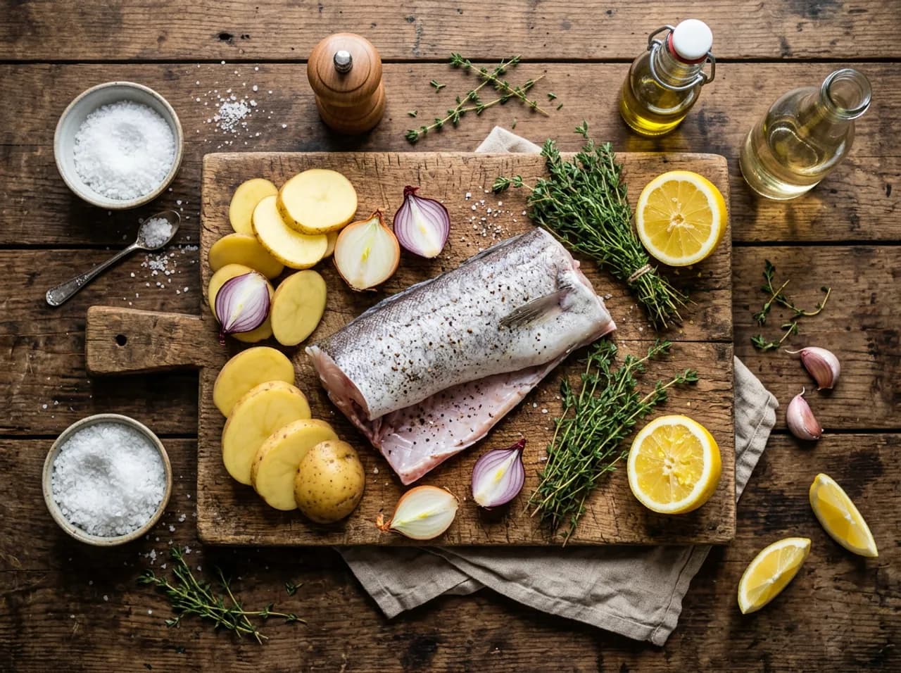 Ingrédients du merlu au four sur planche en bois : tronçon de merlu frais, pommes de terre, oignons, citron, thym et huile d'olive