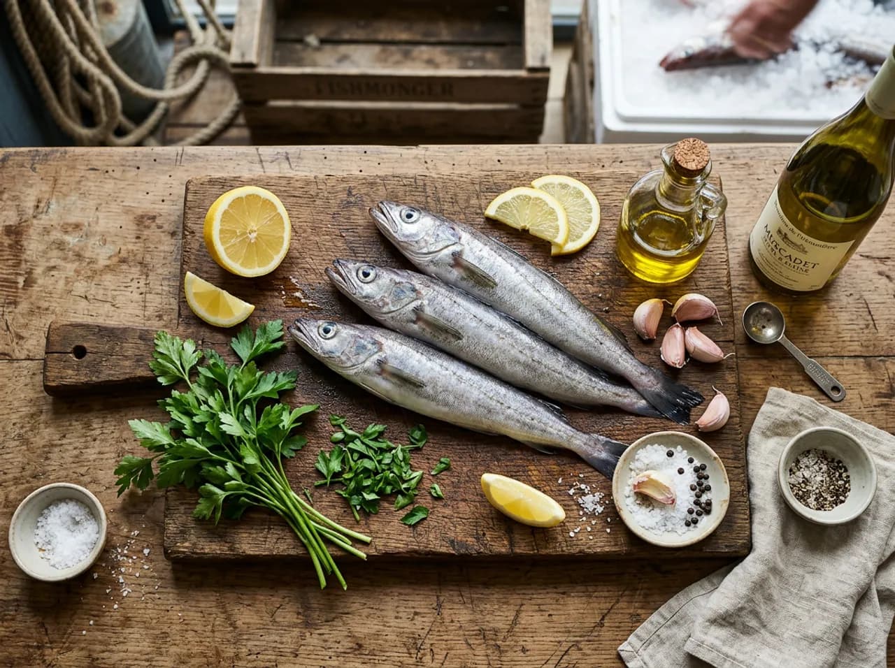 Ingrédients des merluchons au four sur planche en bois : merluchons frais, citron, persil plat, ail et huile d'olive