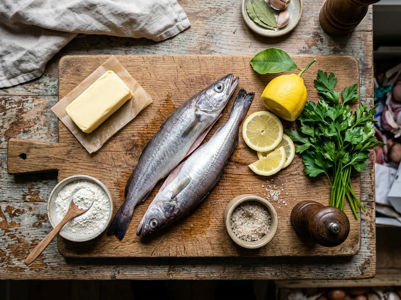 Ingrédients des merluchons poêlés sur planche en bois : merluchons frais, beurre demi-sel, farine, citron et persil