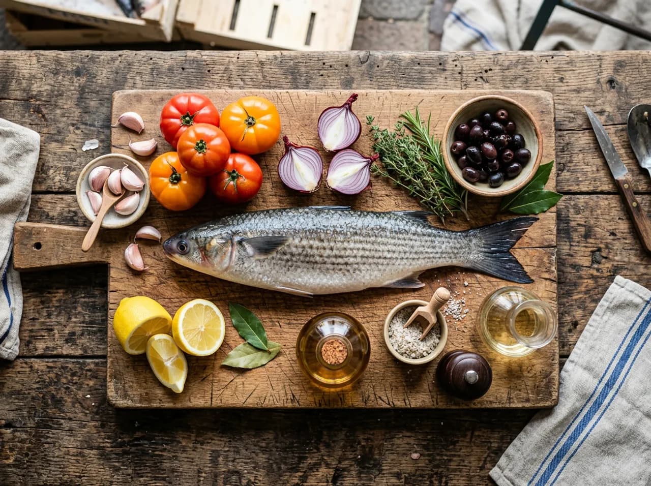 Ingrédients du mulet à la provençale sur planche en bois : mulet noir entier, tomates, oignon, olives noires, ail, thym et huile d'olive