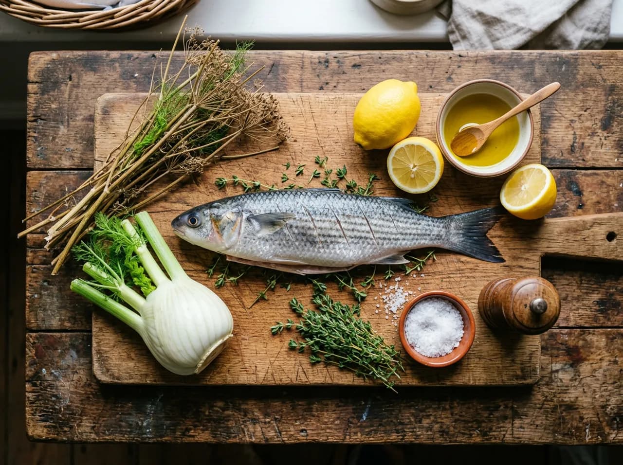 Ingrédients du mulet grillé sur planche en bois : mulet noir entier, bulbe de fenouil, citron, huile d'olive et thym