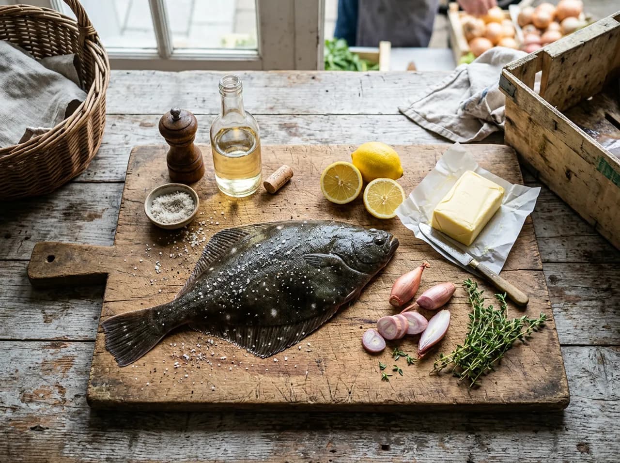 Ingrédients de la plie au four sur planche en bois : plie entière fraîche, beurre demi-sel, échalotes, citron et thym