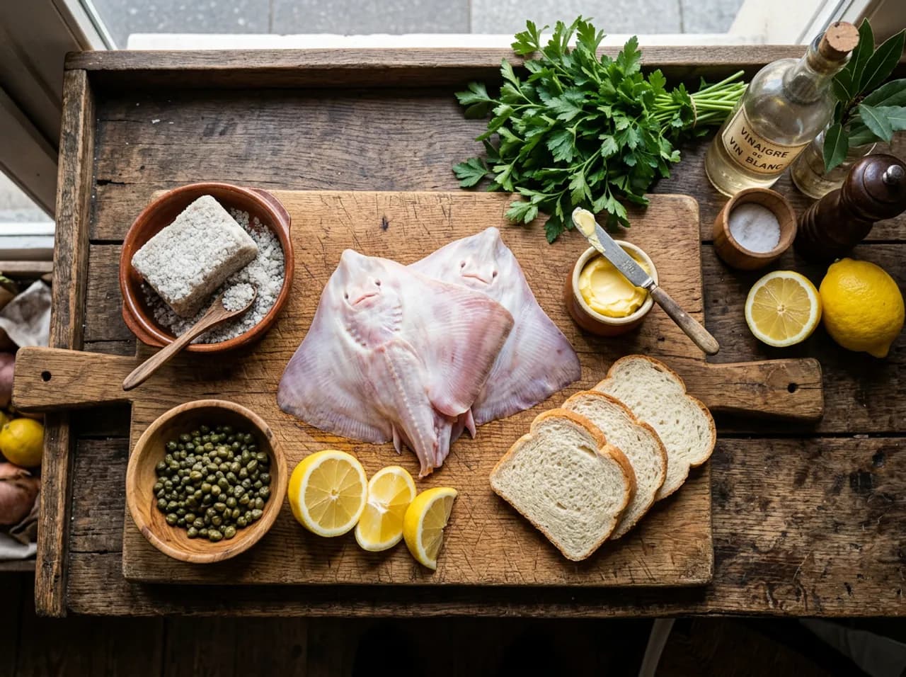 Ingrédients de la raie à la grenobloise sur planche en bois : ailes de raie, pain de mie, câpres, citrons, beurre demi-sel et persil