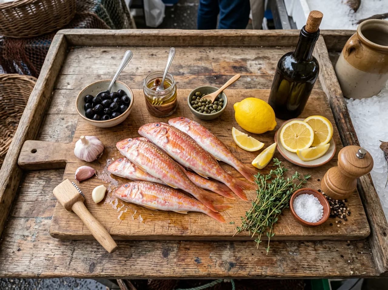 Ingrédients des rougets grillés sur planche en bois : rougets frais, olives noires, câpres, anchois, ail, citron et huile d'olive