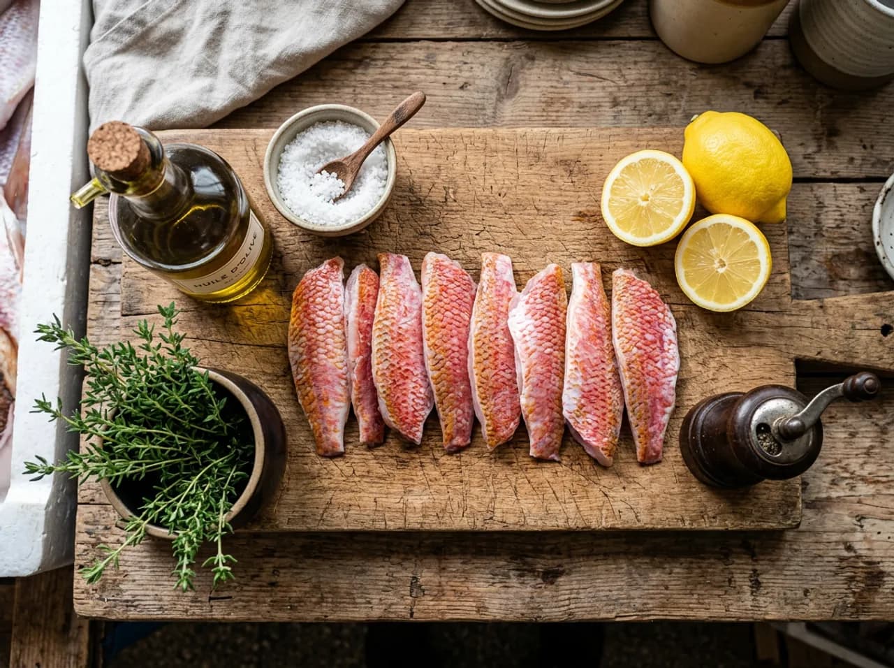 Ingrédients des rougets poêlés sur planche en bois : filets de rouget frais, fleur de sel de Guérande, huile d'olive, citron et thym