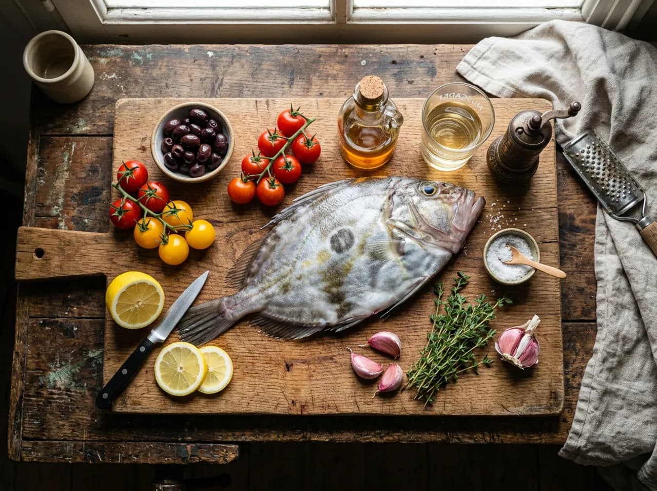 Ingrédients du saint-pierre rôti sur planche en bois : saint-pierre entier, tomates cerises, olives, citron, thym et huile d'olive