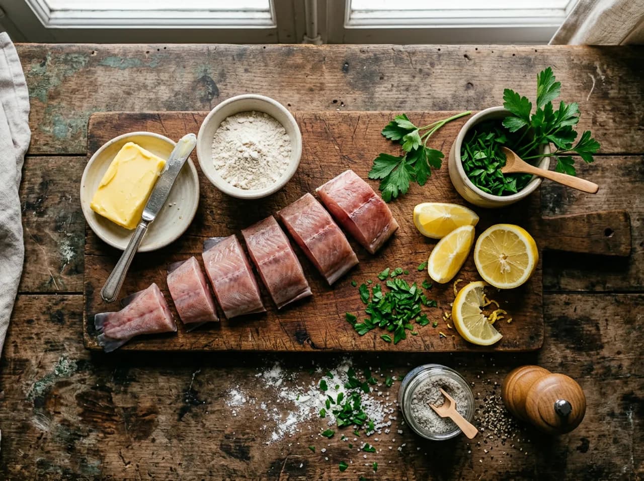 Ingrédients de la saumonette au citron sur planche en bois : tronçons de saumonette, beurre demi-sel, citrons, farine et persil