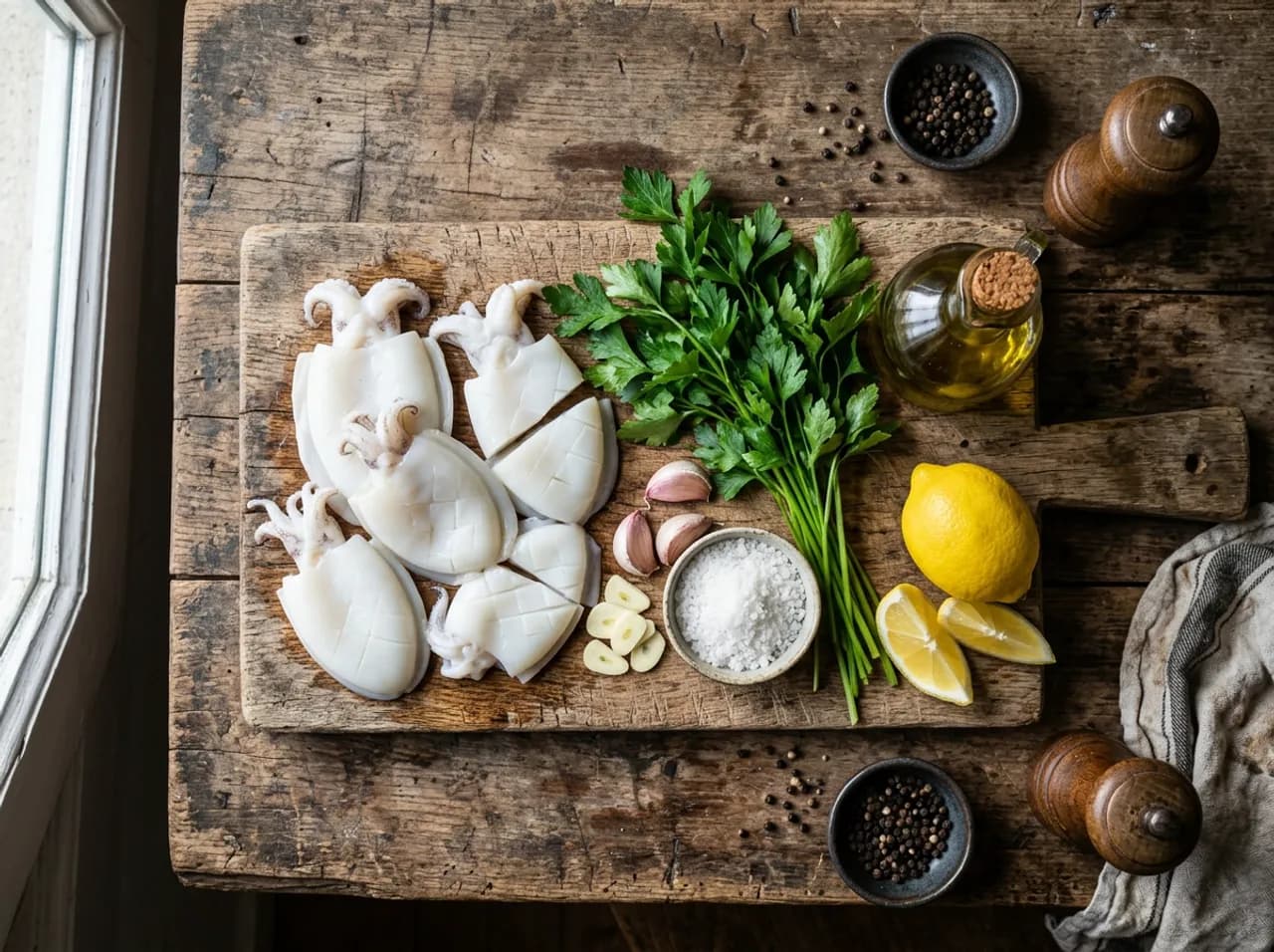 Ingrédients de la seiche à la plancha sur planche en bois : blancs de seiche nettoyés, ail, persil plat, citron et huile d'olive