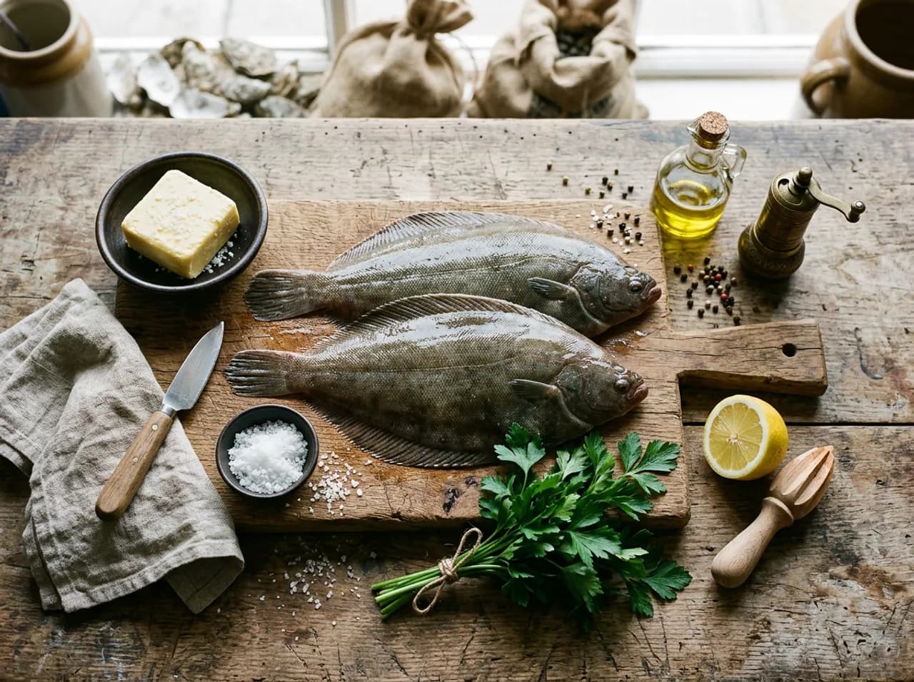 Ingrédients de la sole grillée sur planche en bois : sole fraîche, beurre demi-sel, citron, persil et fleur de sel de Guérande