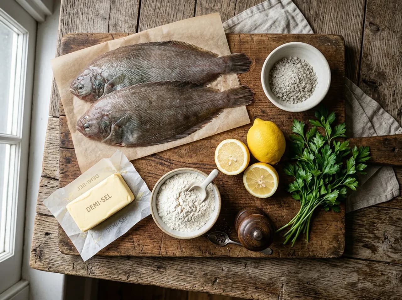 Ingrédients de la sole meunière sur planche en bois : sole fraîche, beurre demi-sel, citron, farine et persil