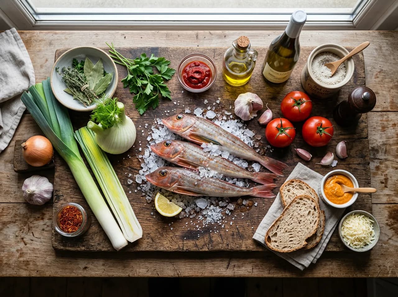Ingrédients de la soupe de grondin sur planche en bois : grondins entiers, poireau, fenouil, tomates, safran et ail