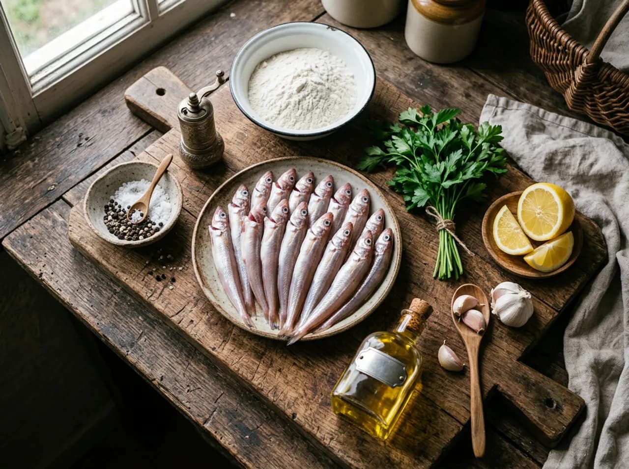 Ingrédients des tacauds frits sur planche en bois : petits tacauds frais, farine, ail, persil et citron