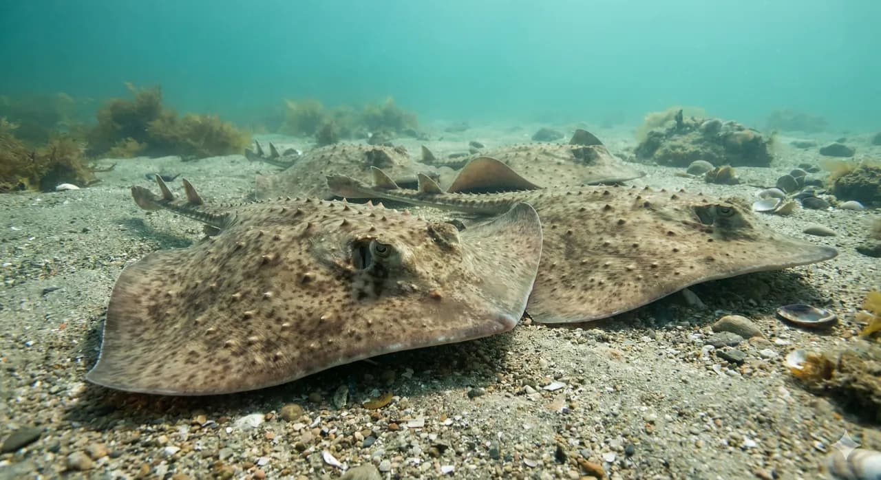 Grosse aile de raie epaisse sur un etal de marche, chair nacree et genereuse