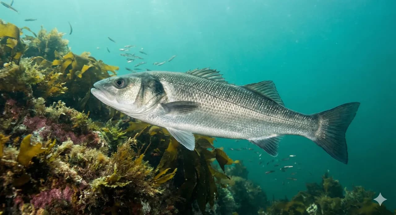 Bar frais entier, reflets argentés caractéristiques, sur lit de glace
