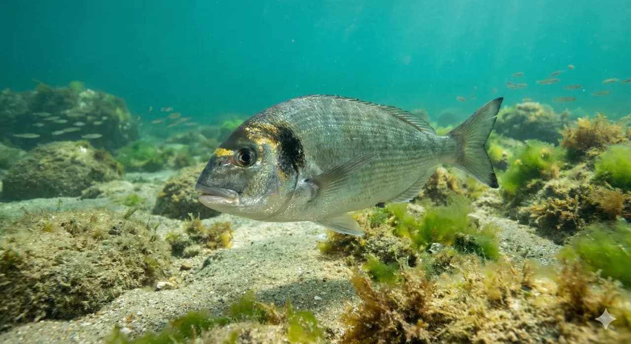 Daurade moyenne entiere aux reflets argentes sur un etal de marche, taille portion