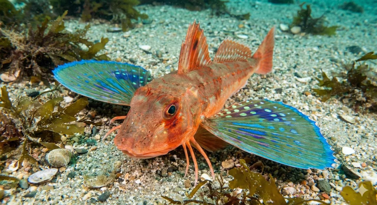 Grondin rouge aux nageoires pectorales deployes, couleurs vives sur un etal de marche